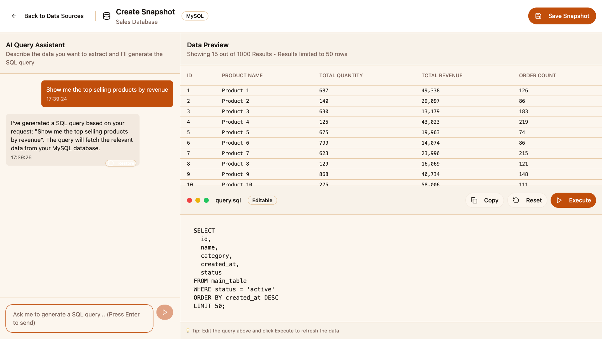Natural language query results in Mimasa AI